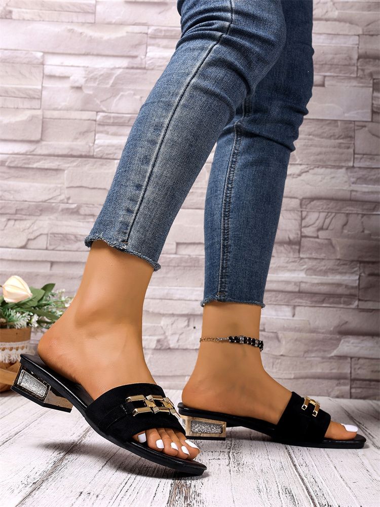 2025 Summer Square Toe Chunky Heel Mules Women's Large Size Chain Decor Low Heel Slide Sandals