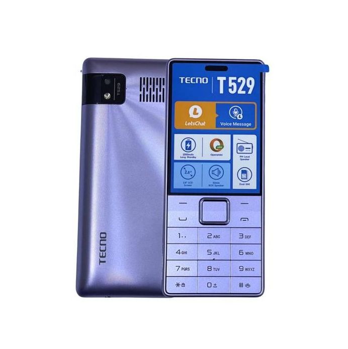 Tecno T529  -2.8" LCD Screen Display - 0.08MP back camera with bright flash - 16MB ROM + 8MB RAM expandable micro SD card support - GSM connectivity -FM radio -Loud speakers - 2500mAh Battery -Keypad Mobile Phone