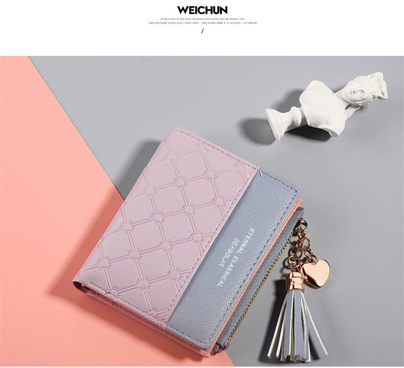 004-2 Women's Short Tassel Tote With Purse Stitching Contrasting Women Wallet Tassel Zipper Multi-card Short Wallet