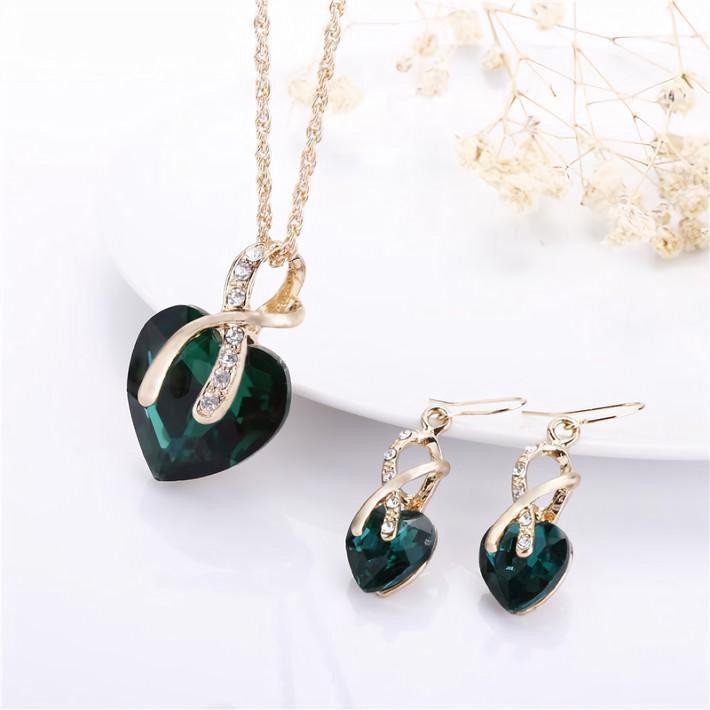 Huadeer Vintage Female Rainbow Crystal Jewelry Set Charm Gold Color Dangle Earrings For Women Simple Love Heart Wedding Chain Necklace
