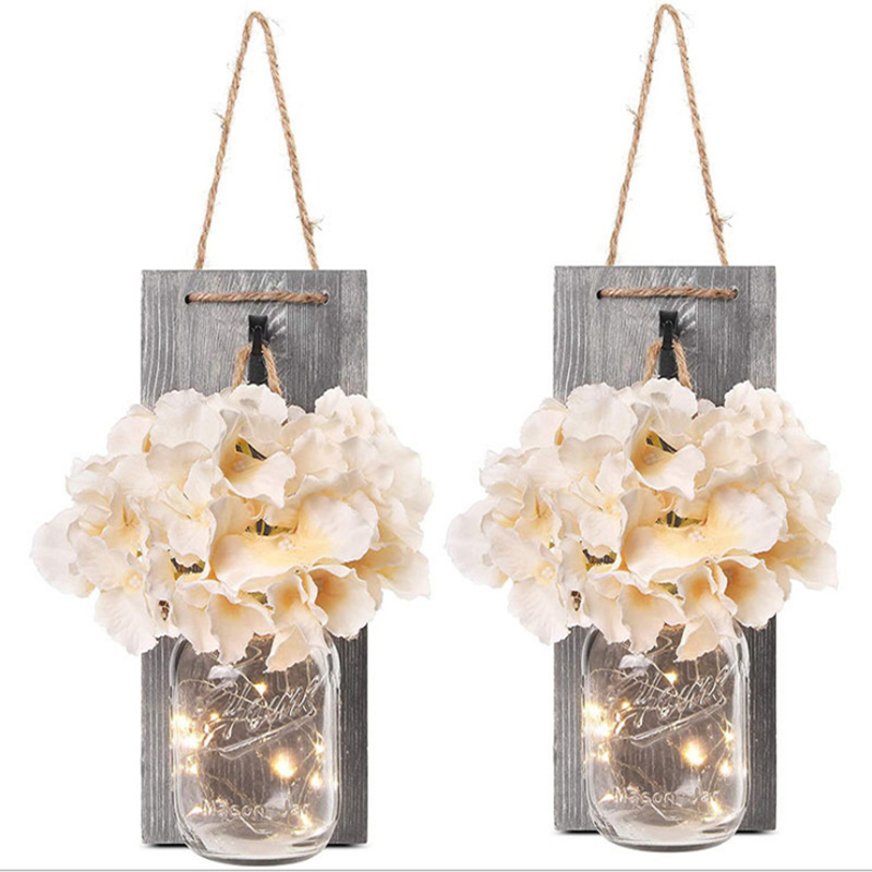 Rustic Brown Mason Jar Sconces for Home Decor, Decorative Chic Hanging House Decor Mason Jars with LED Strip Lights, Silk Hydrangea, Iron Hooks for Home & Kitchen Decorations