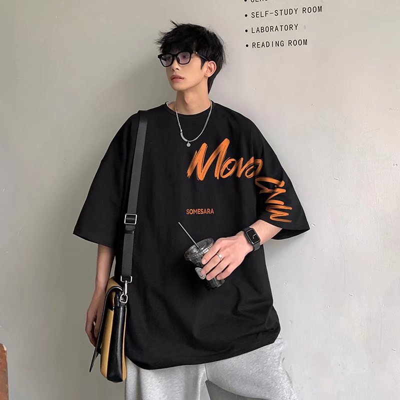BTL W76 Men's Summer New Loose Half-Sleeved T-Shirt Round Neck Letter Print Top