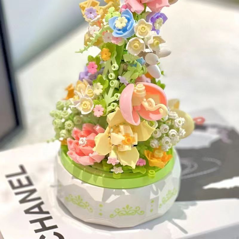 Senbao Flower Face Tea Language Music Box Children's Assembled Toy Building Blocks Flower Gift