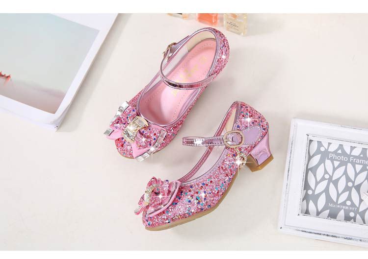 Dress Shoes Autumn New Girls' Small High-Heeled Leather Shoes Sparkling Shoe upper with Bow Decoration for Children's Dance Shoes