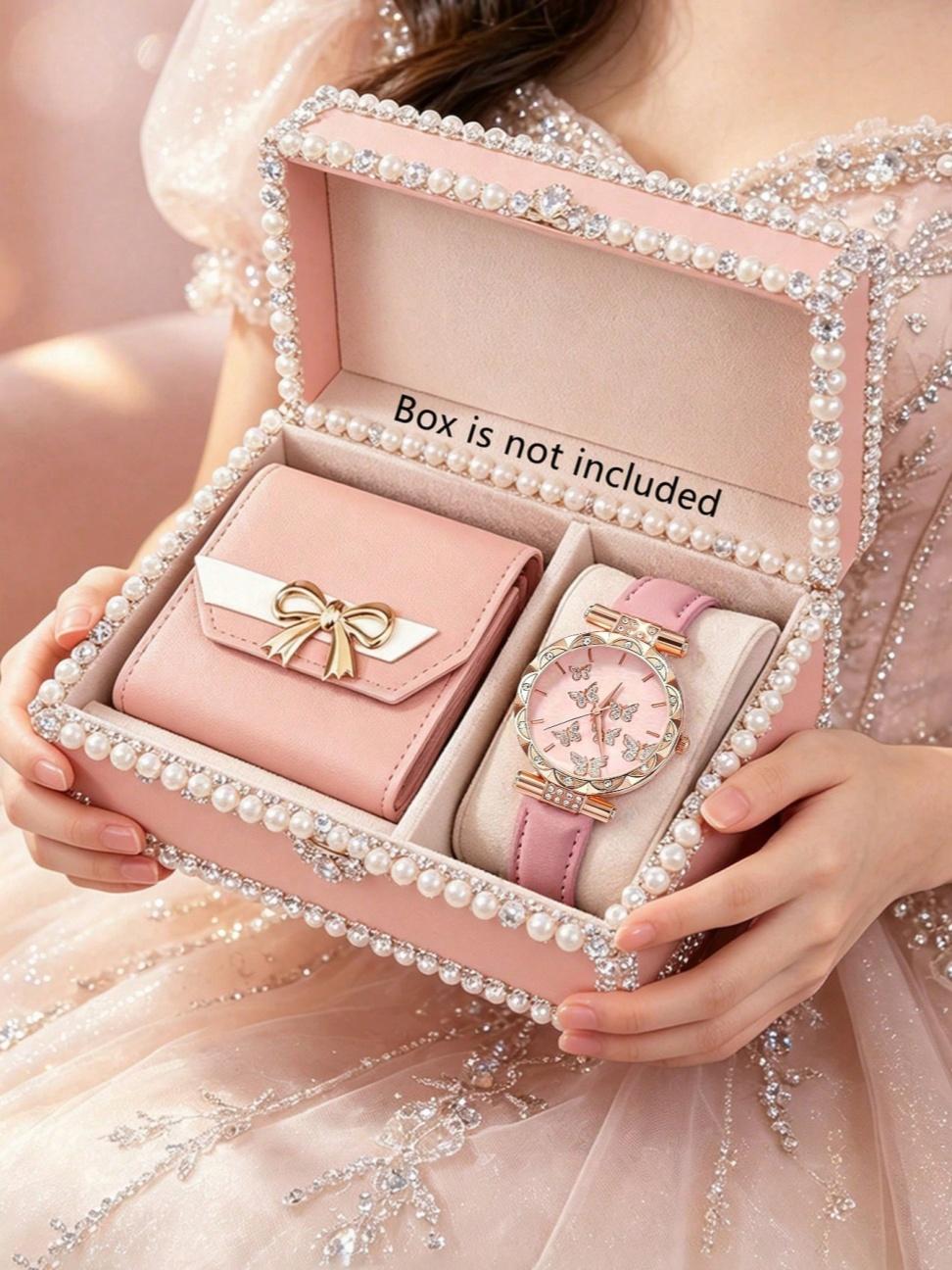 2026 New Women Butterfly Quartz Watch Set, exquisite bow and butterfly element design creates sweet and luxurious feminine temperament. This all-in-one gift set includes a fashionable quartz wristwatch and a practical bow purse wallet.