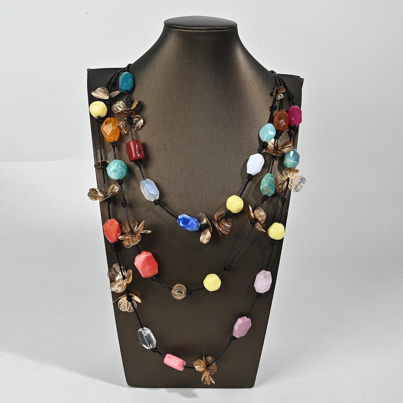 Bohemian Multicolor Resin Beaded Necklace with Gold Flower Charms, Adjustable Black Cord Ethnic Style Statement Chain for Women

