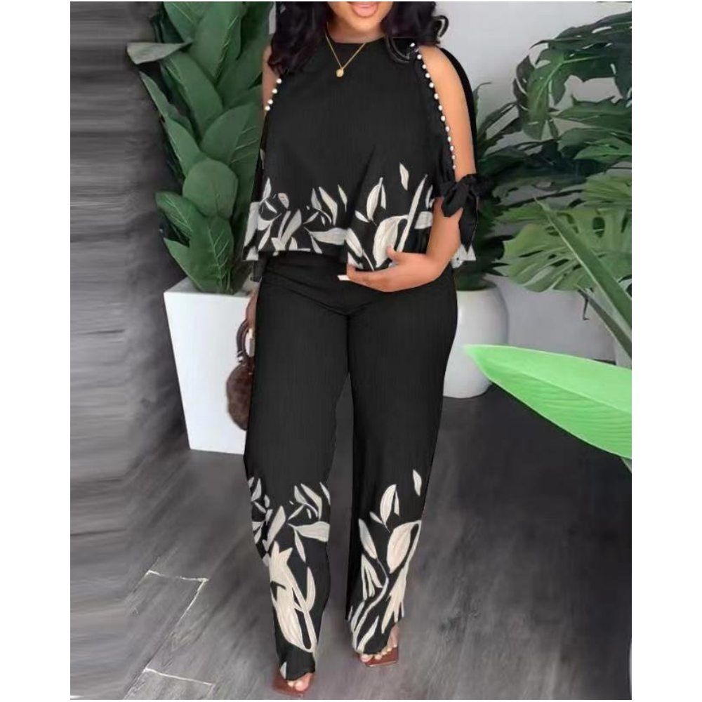 Women's round neck with rotator sleeve five-quarter sleeve beaded positioning printed trouser suit plus size suit L-5XL