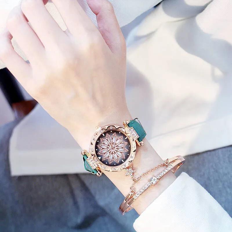 Luxury Diamond Women's Watch Crystal Watch Bracelet Set Women's Jewelry Casual Starry Sky Rose Gold Watch