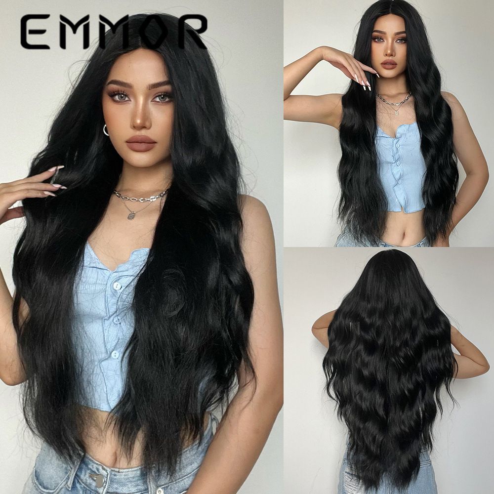 Europe and the United States new wig spot long curly hair black matte high temperature silk wig full head cover lc8080