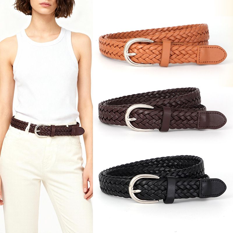 Trendy Retro Skinny PU Belt, Woven Texture No-hole Adjustable Waist Strap, Minimalist Decorative Waistband for Women Jeans Dress Street Outfits