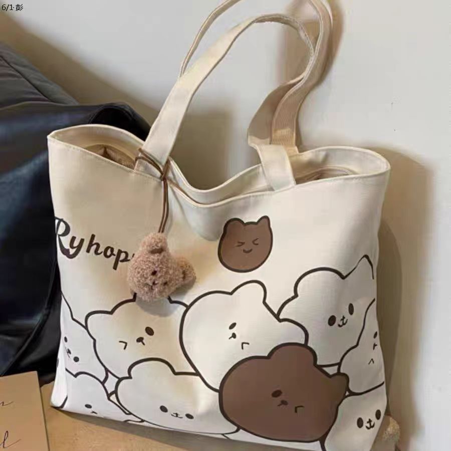 Japanese Style Cartoon Shoulder Bag with Zipper Pocket Large Capacity Student Canvas Tote Bag Casual Versatile Handbag for Daily Commute
