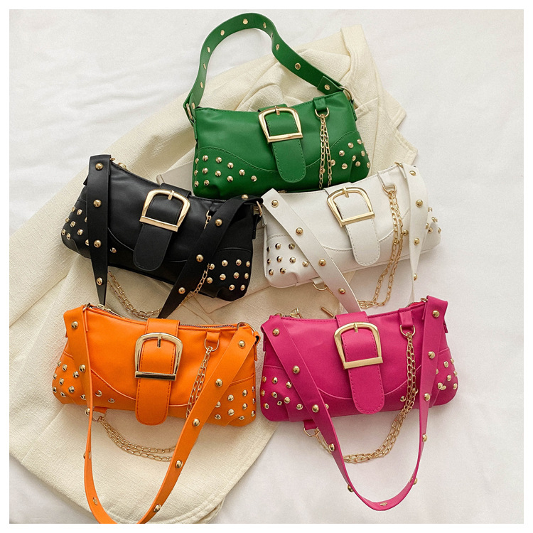 2024 New Rivet Fashion Chain Shoulder Bag Ladies Leisure Work Bag Monochrome Crossbody Bag