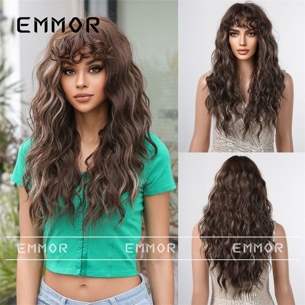 Wool curly long hair small curly fringe highlights brown European and American style fluffy simulation of women's wig full head cover lc1071-11