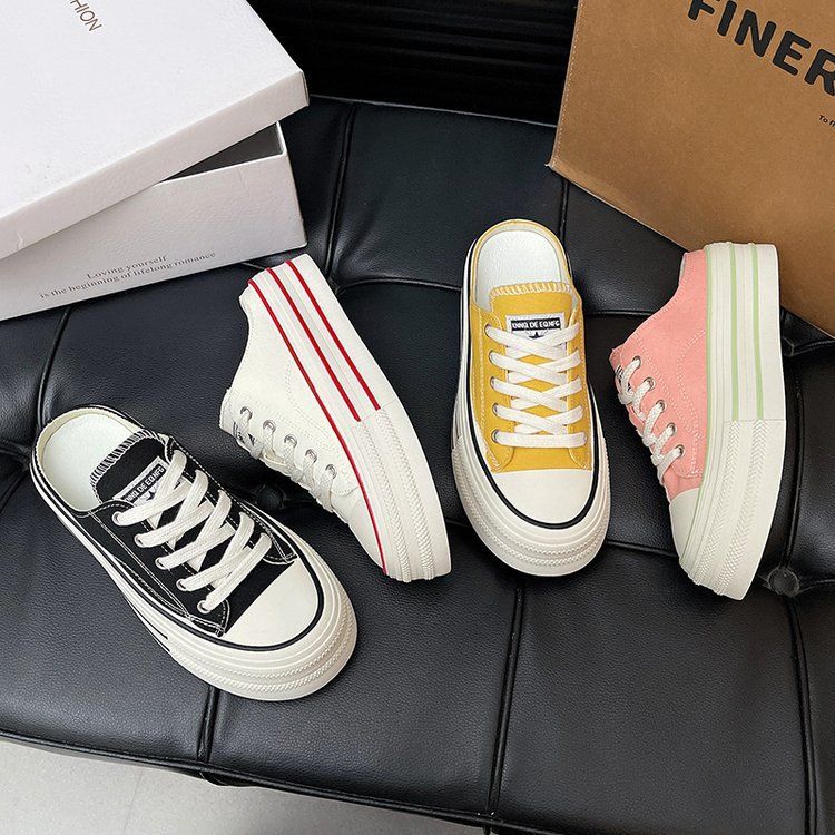 Candy-colored canvas shoes for women 2025 summer new style a single shoe with a full head preppy style thick sole simple half slipper