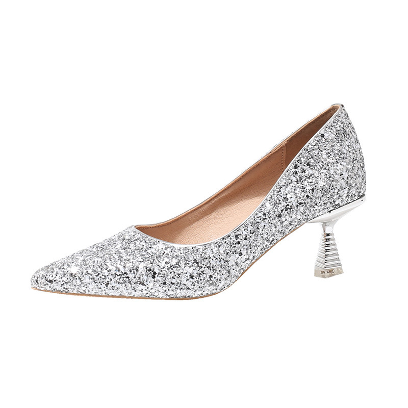 333 women's crystal heels metal spiral bridesmaid shoes Sequin pointed toe shoes
