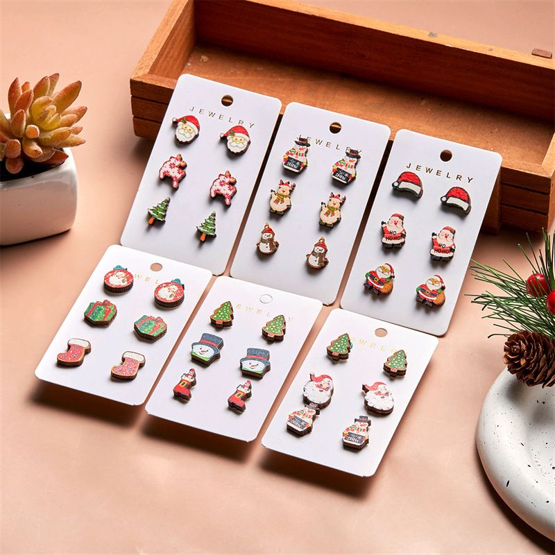 ER23Y1027 Christmas Wooden Stud Earrings Personality Elk Santa Tree Boots Christmas Socks Snowman 3pairs Christmas Earrings Studs Set
