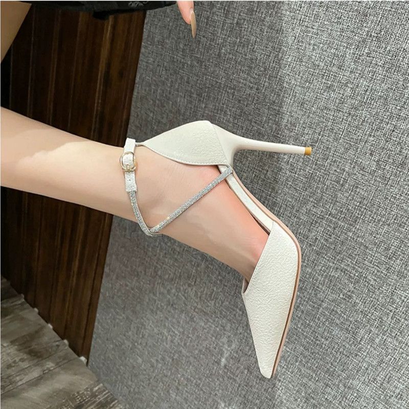 Korean version of French pointed thin heel side empty single shoes women cross border rhine-diamond bao head buckle high heels fashion sandals 1-182