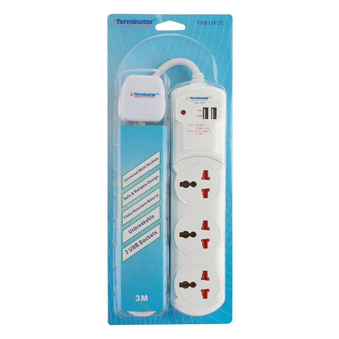 3 Way Universal Power Extension Socket 2 USB Socket 13A Plug
