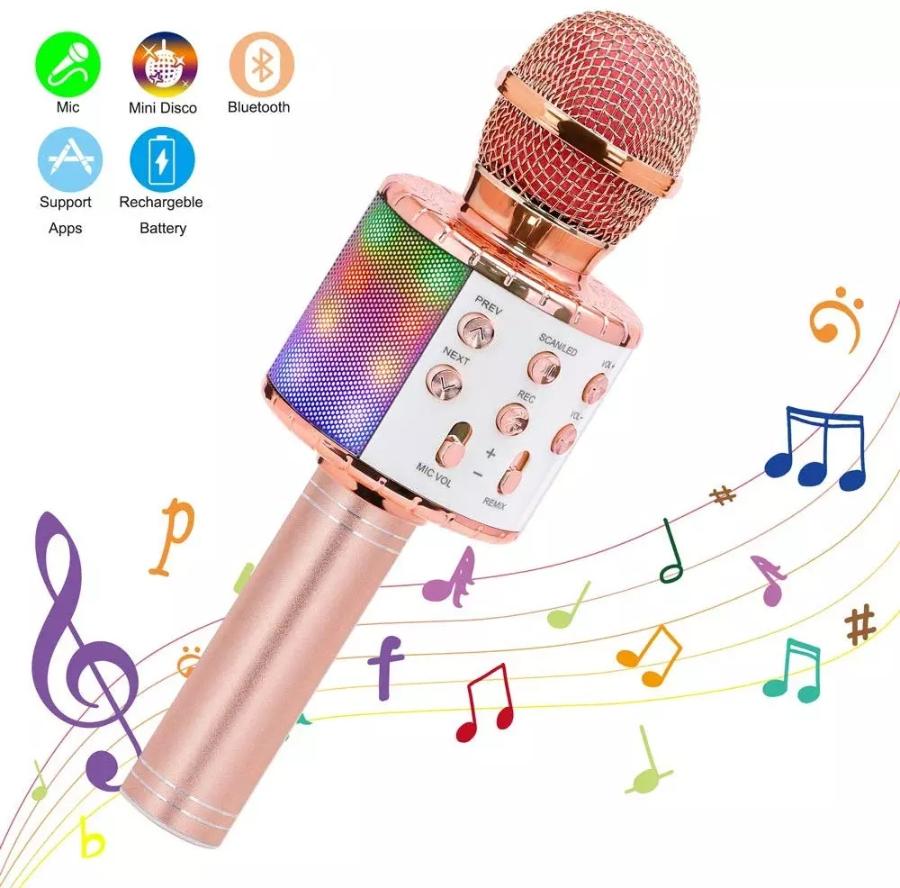 Wireless Karaoke Microphone Bluetooth Handheld Portable Speaker Home KTV Player with Dancing LED Lights Record Function for Kids