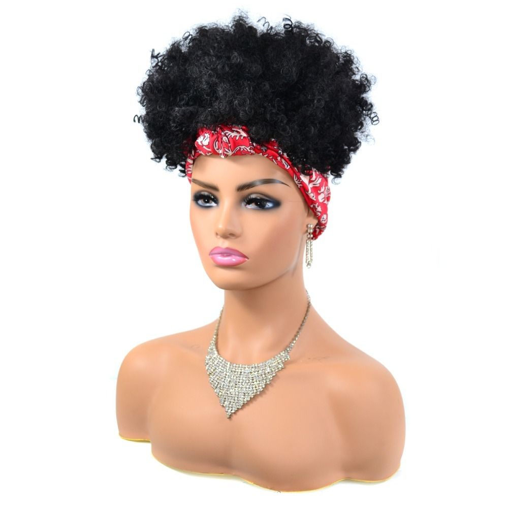 TopKiss Black Curly Wig with Headscarf, High Temperature Fiber Headband Hairnet Wig for Women Local