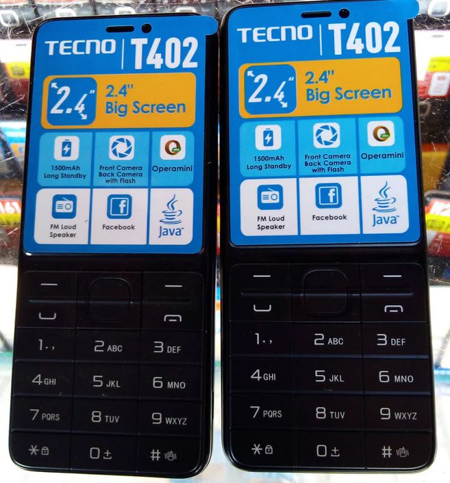 Tecno T402 - Triple Sim – 4MB ROM – 4MB RAM Feature Phone   Display: 2.4 QVGA Camera: 0.08MP Back with flash+ 0.08MP Front Camera Memory:8MB ROM+8MB RAM Expandable Micro SD up to 64GB Battery Capacity:1500mAh- FM Radio