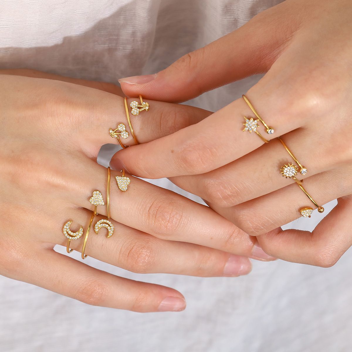 Gold Plated Adjustable Open Ring Set, 10Pcs Stackable CZ Rings with Heart, Moon & Star Designs, Multiple Styles Fashion Jewelry for Women

