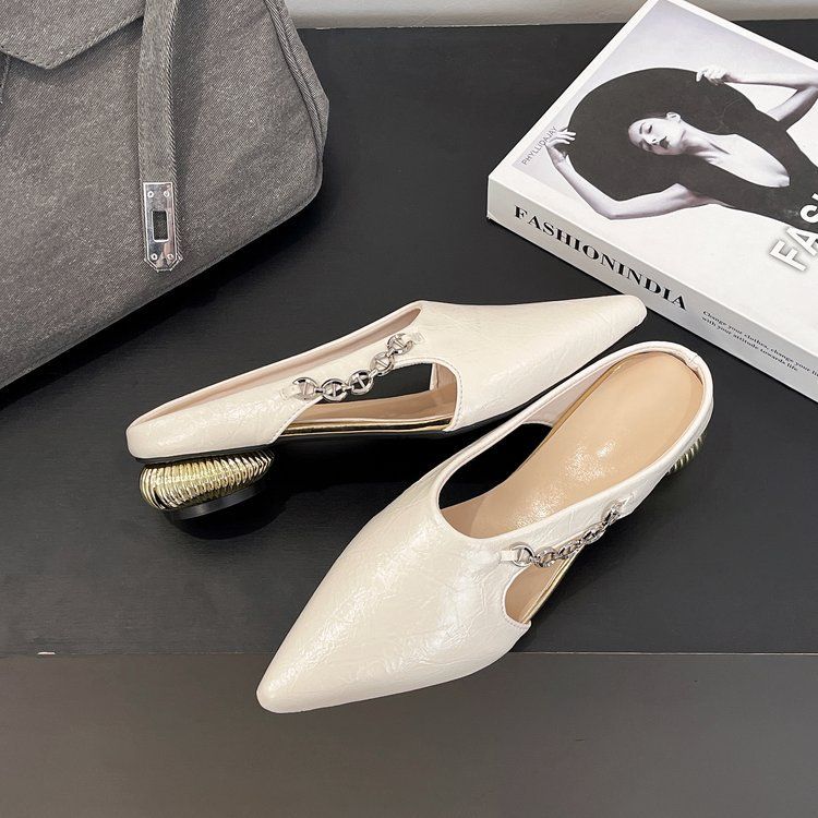 High-heeled women 2025 summer new pointy half bag thick heel sandals female bag head low heel shallow mouth all build slippers