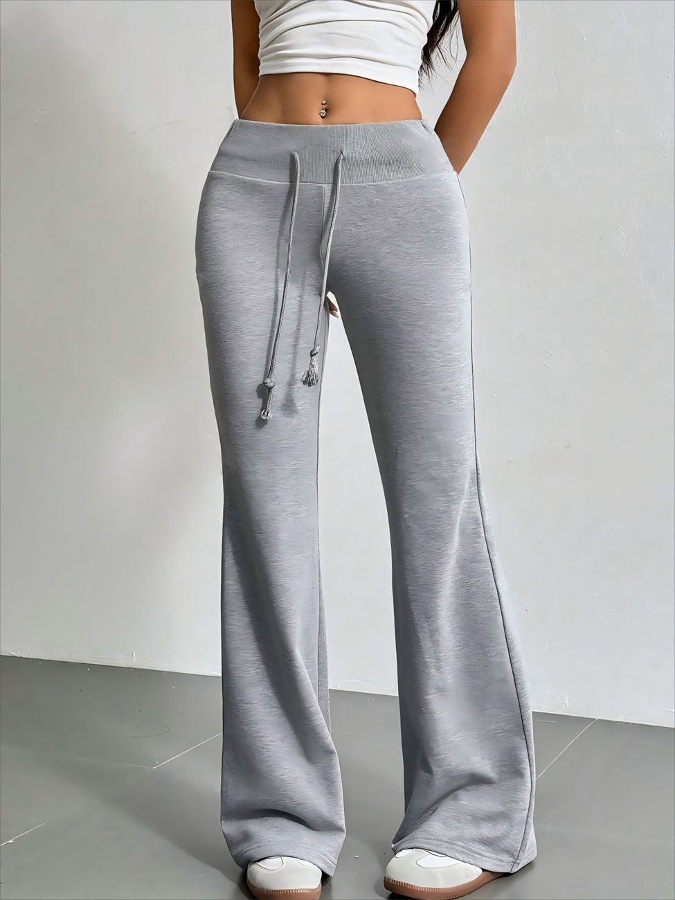 2025 Europe and the United States spring and summer new women draw rope high waist leisure solid color bell bottoms