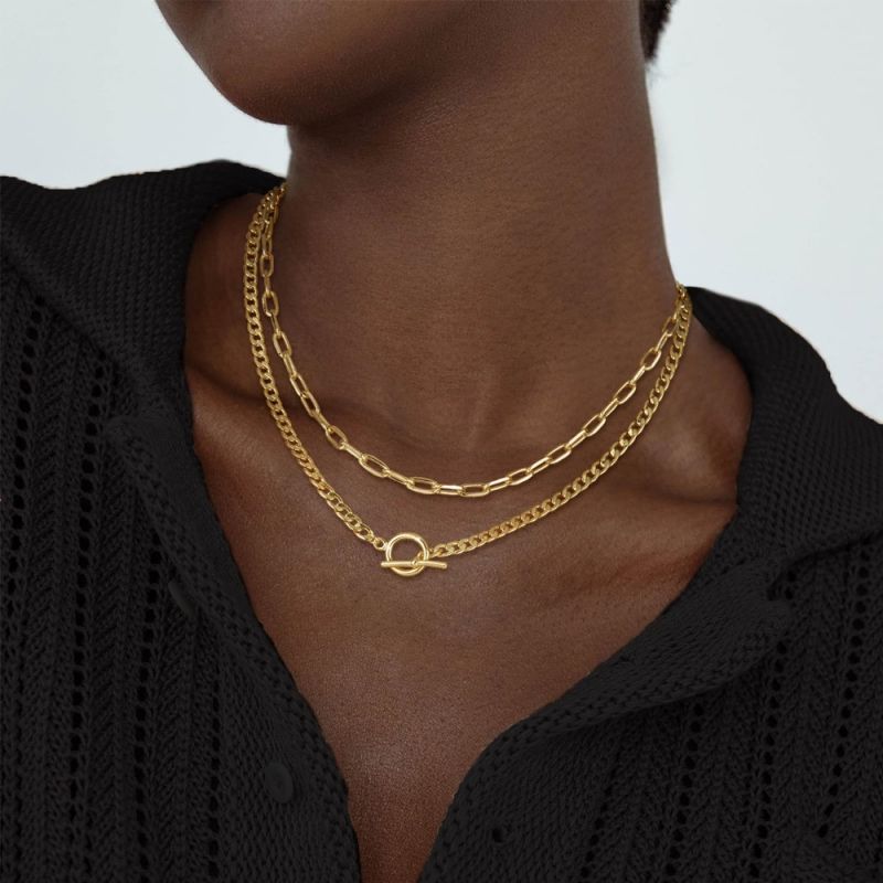 Double layered necklace, paperclip chain, double layered layered necklace, geometric OT buckle, collarbone chain, hip-hop necklace