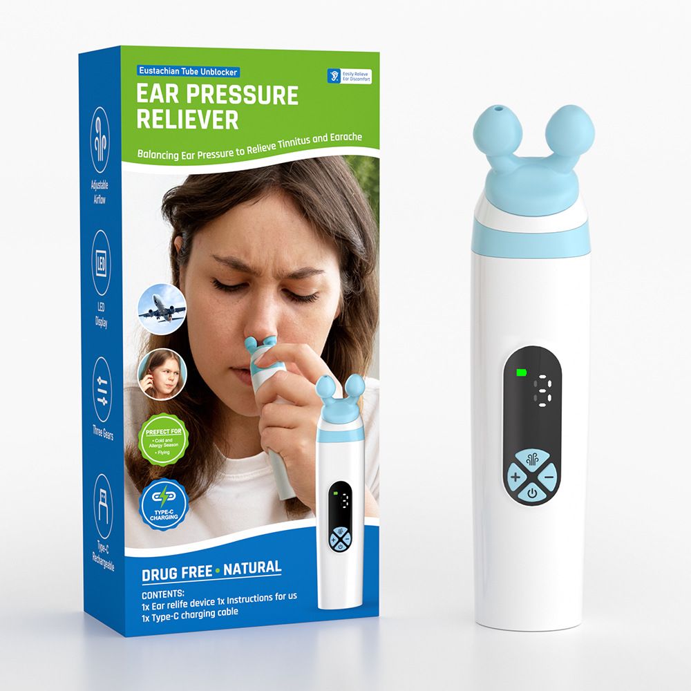 Electric ear pressure relief device, deblocker, equalize ear pressure, improve tinnitus and ear pain, airplane travel