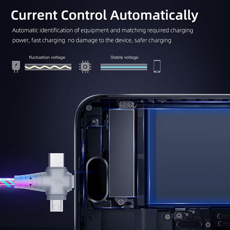 3in1 Flow Luminous Lighting usb cable for iPhone 12 11 Pro Fast Charging LED Micro USB Type C 8Pin charger Wire for Huawei Xiaomi