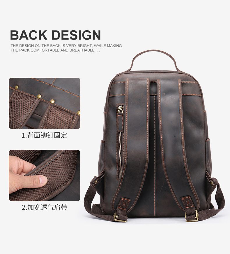 Head layer cowhide business commuting computer backpack, large capacity European and American retro backpack, cross-border crazy horse leather backpack