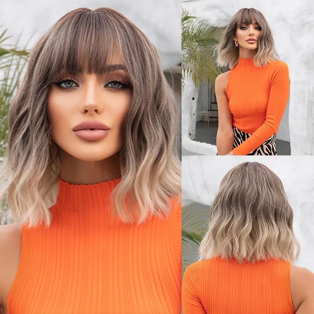 Women Grey Wavy Bob Wigs with Bangs Short Blonde Ombre Synthetic Wig With with Dark Roots Natural Hair for Daily Use