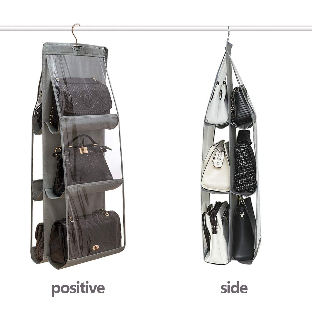 Hanging Handbag Organizer Dust-Proof Storage Holder Bag Wardrobe Closet for Purse Clutch with 6 Larger Pockets Grey