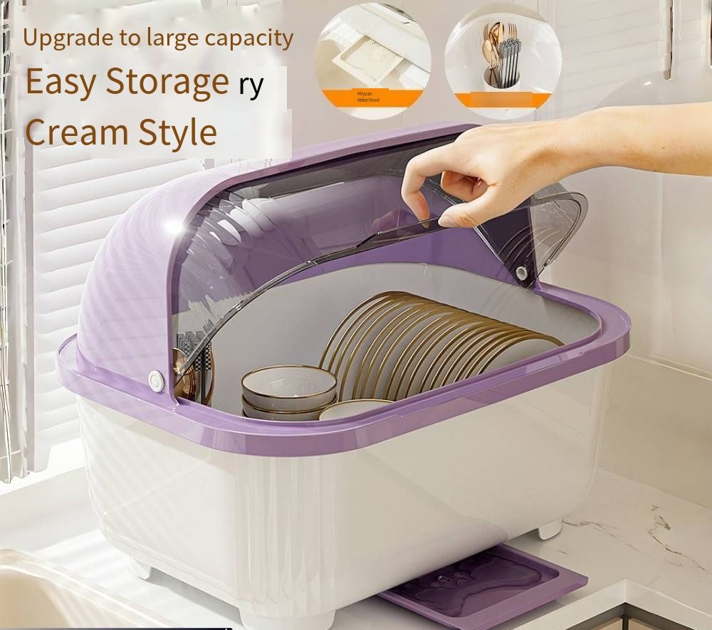 Floor-standing Bowl Storage Rack for Kitchen, Lidded Dust-proof Dish Organizer, Drainage Plate Storage Box for Bowls, Plates & Tableware, Home Countertop & Floor Storage