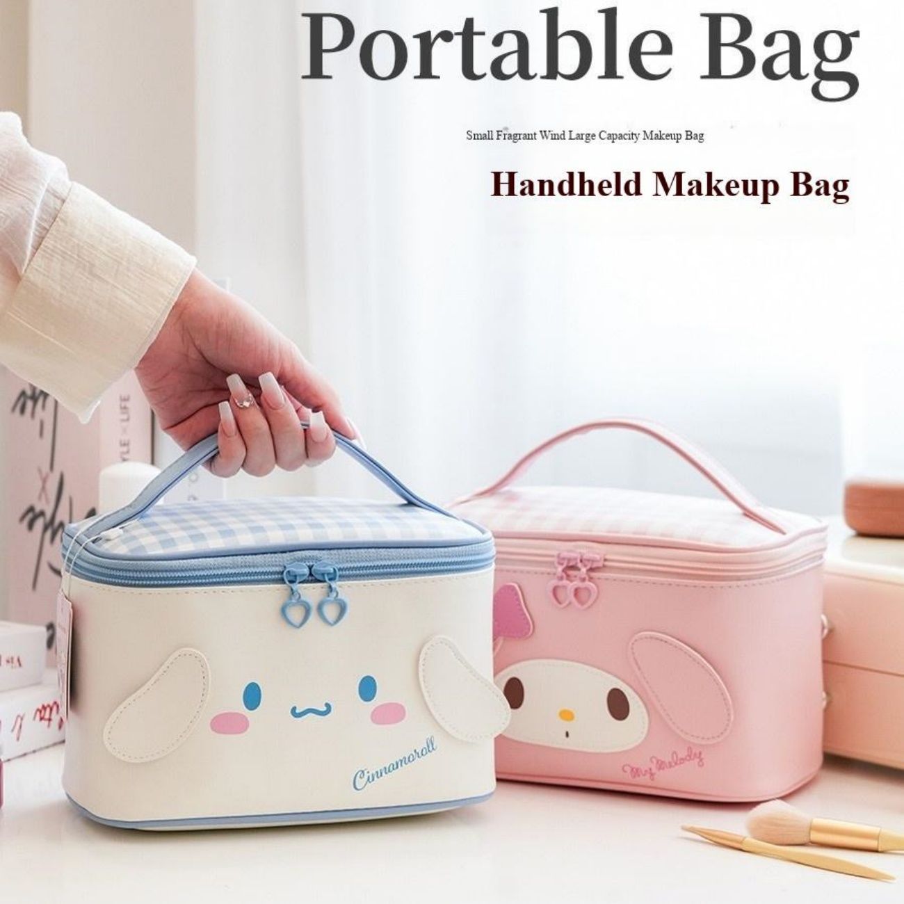 Sanrio Character Large Capacity Box-Type Cosmetic Bag, Cute Kuromi/Cinnamoroll/Hello Kitty Travel Makeup Organizer with Checkered Pattern
