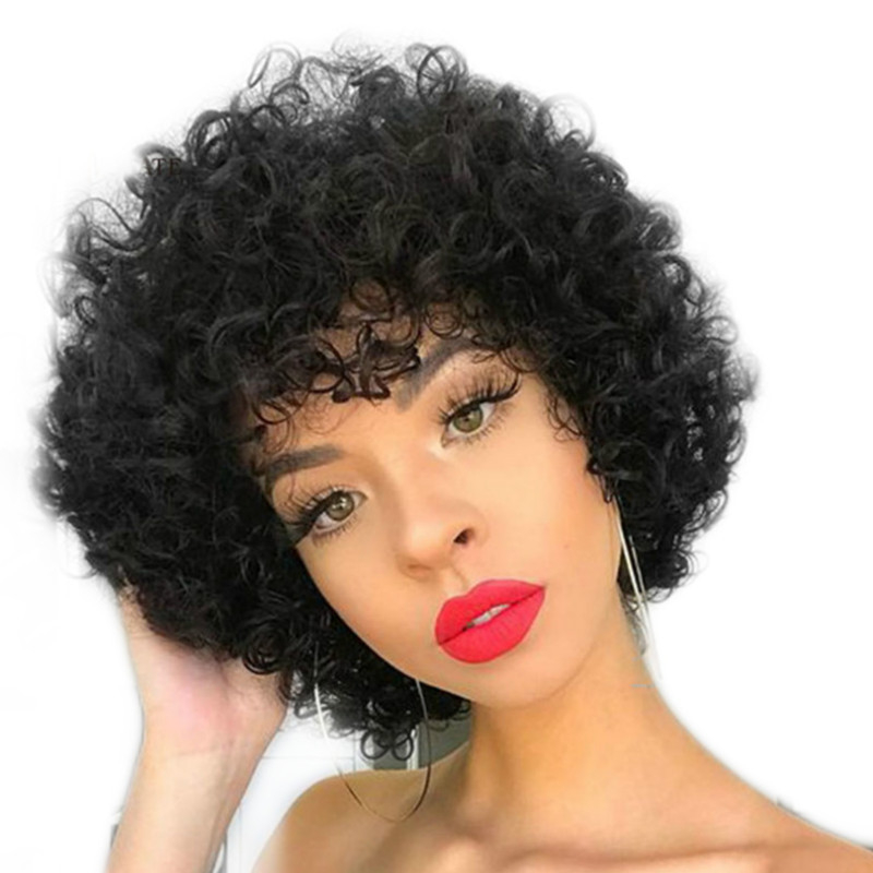 K50 Short Afro Kinky Curly Wig with Bangs for Black Women Black Brown No Glue Full and Fluffy like a Bomb Short Curly Hair Wigs