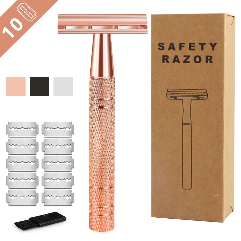 Rose Gold Razor,Classic Double Edge Safety Razor for Mens Shaving&Womens Hair Removal,10 Shaving Blades,Manual Shaver