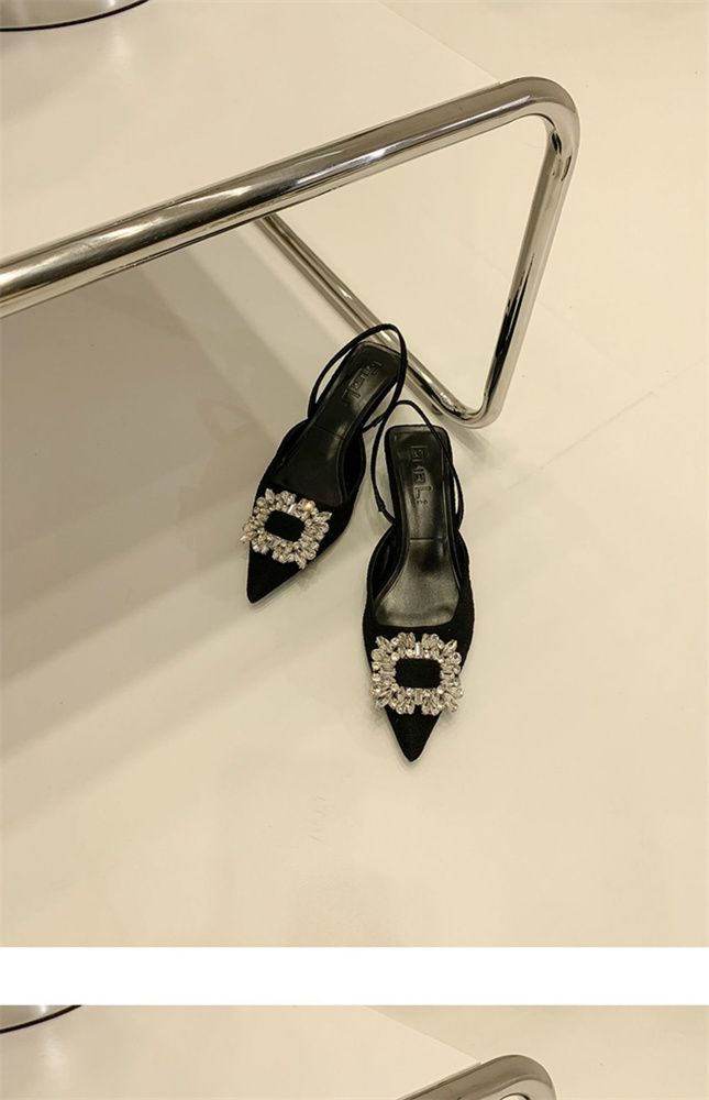 French style low heel pointed head square buckle rhinelene sandal female bag head back empty elastic belt thin heel sandal female