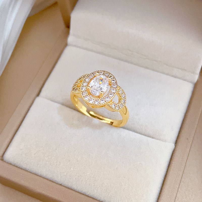Light Luxury Oval Central Stone Double Halo Cubic Zirconia Open Adjustable Ring Real Gold Electroplated Wide Finger Band Sparkly Crystal Wedding Promise Hand Jewelry Minimalist Matching Couple Statement Ring Gift For Women Dating Banquet Party Fashion Stackable Accessory
