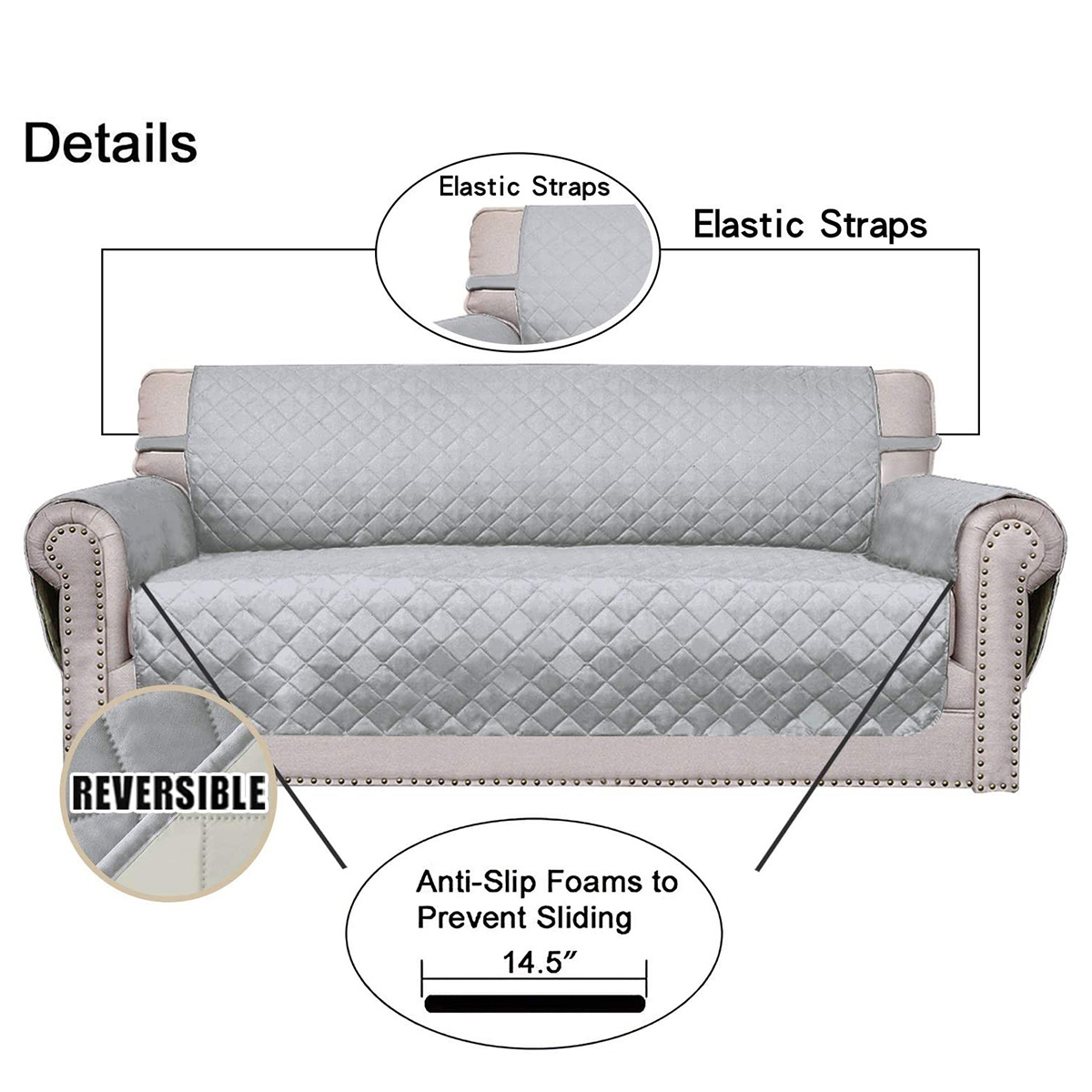 Sofa Slipcover Reversible Sofa Cover Water Resistant Couch Cover with Foam Sticks Elastic Straps Furniture Protector for Pets Kids Children Dog Cat