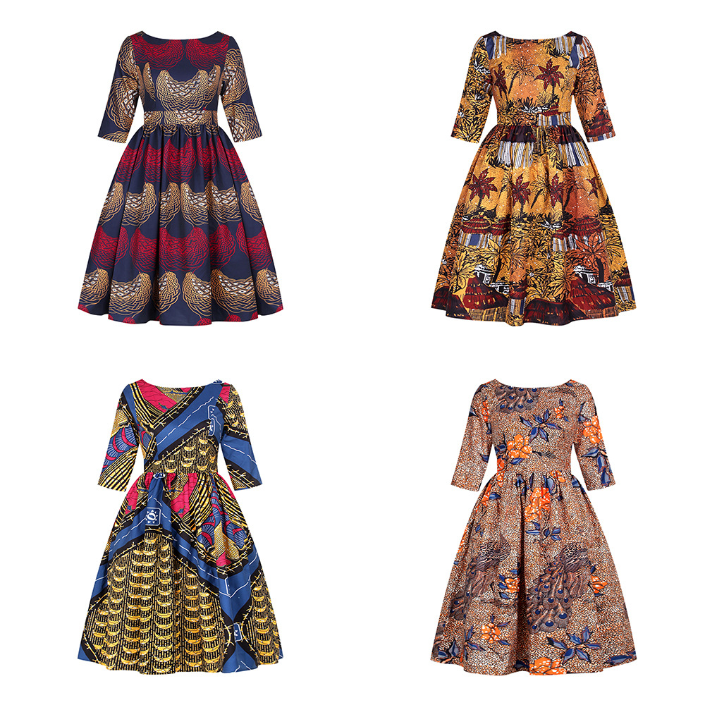 FQIH Women's Digital Print African Ankara Dress U Back Mid Sleeve A Line Dress
