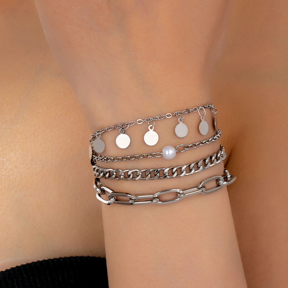 4-Piece Silver Tone Chain Bracelet Set with Pearl Bead, Disc Tassel & Paperclip Link Designs, Stackable Minimalist Adjustable Jewelry for Women
