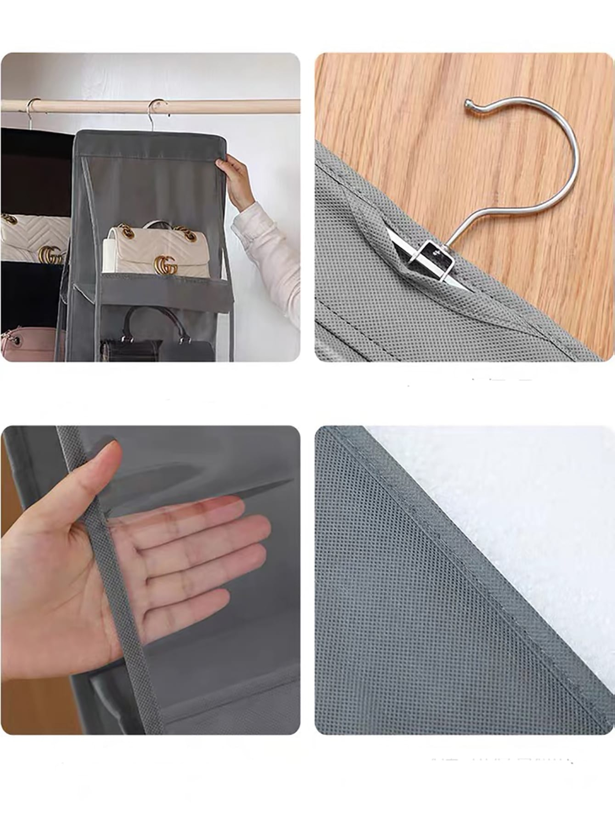 Hanging Handbag Organizer Dust-Proof Storage Holder Bag Wardrobe Closet for Purse Clutch with 6 Larger Pockets Grey