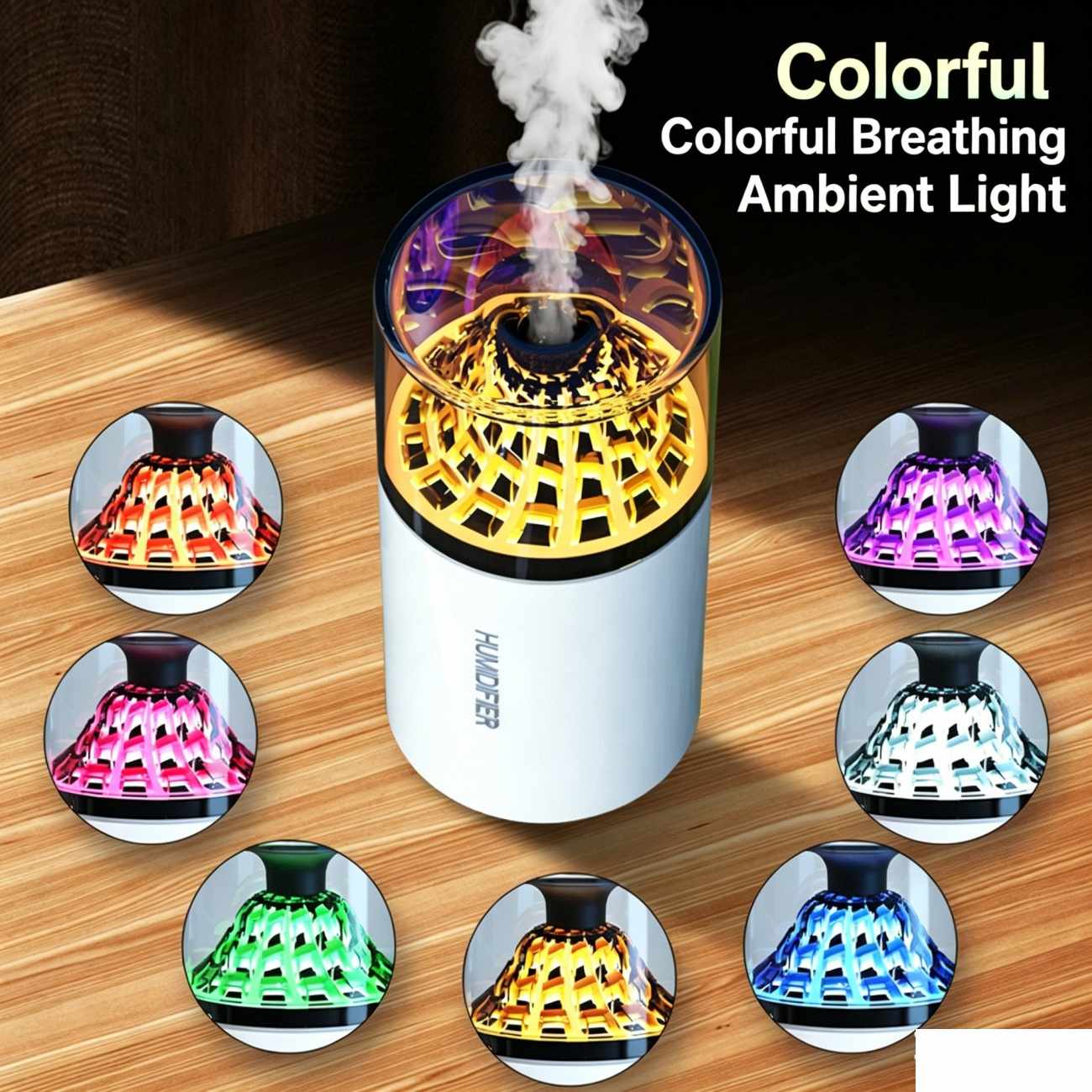 Volcano Design Humidifier with 7-Color RGB Ambient Light, 300ml Mini Portable Cool Mist Humidifier, Quiet Ultrasonic Aroma Diffuser for Home Bedroom Office Desk Car, Small Personal Air Humidifier with Flame Night Light
