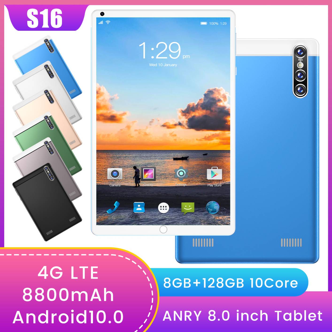 S16 WiFi tablet 8.1-inch 8GBRAM + 128GBROM ten-core 4G network Android 11.0 Arge 1920*1200 IPS screen dual SIM card dual camera rear 5.0 MP IPS