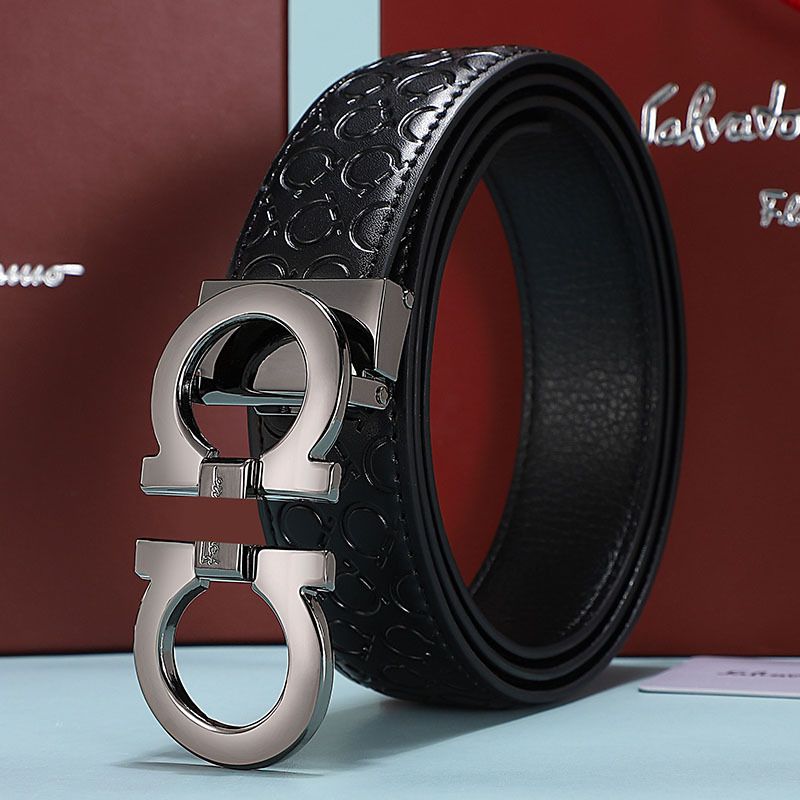 Men's Fashion Business Alloy Smooth Buckle Belt Casual Youth Genuine Leather BeltBlack Gun