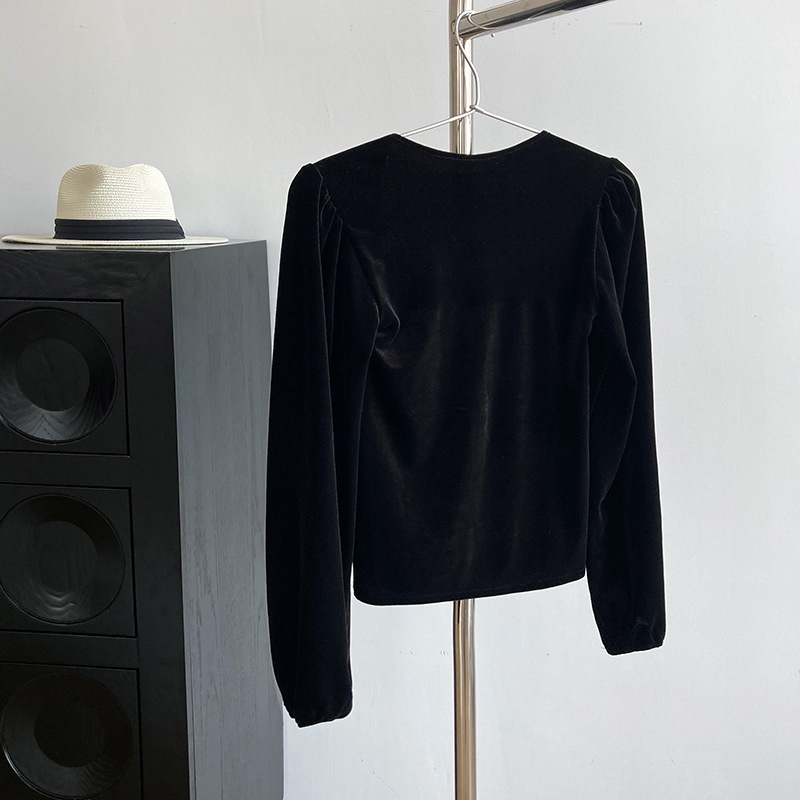 Black Long-Sleeved Golden Velvet Square Neck Shirt Light Mature Design Feel Puff Sleeve Exposed