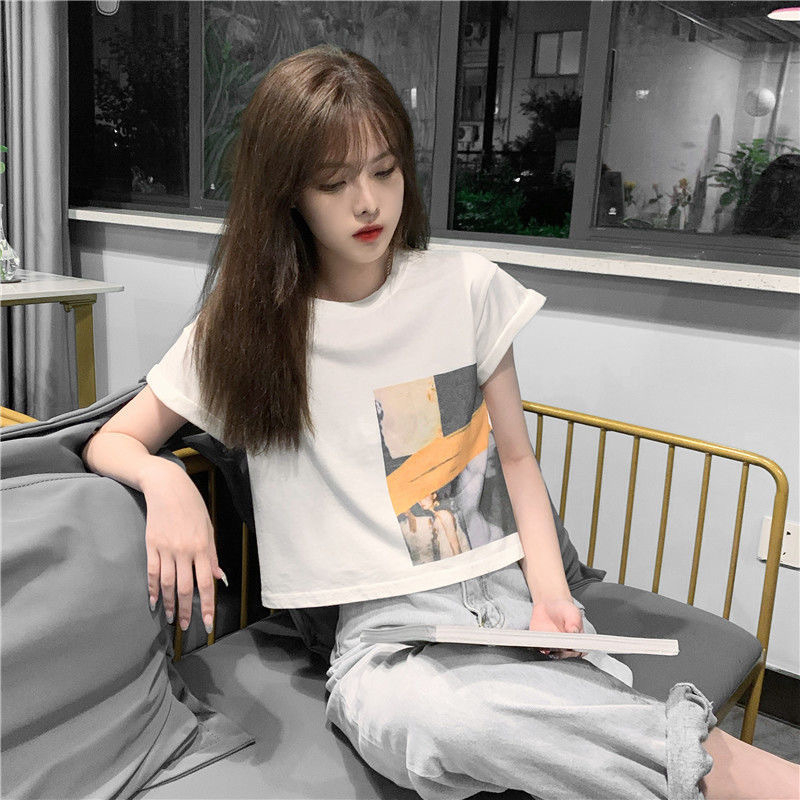 986 Women's Fashion Loose Casual Print Crop Top Short Sleeve T-shirt