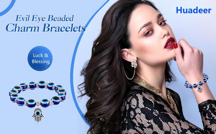 Huadeer Evil Eye Beaded Charm Bracelets Blue Eye Bead Hamsa Stretch Bracelet Hand of Fatima Turkish Lucky Bracelet for Women Men for Protection and Blessing